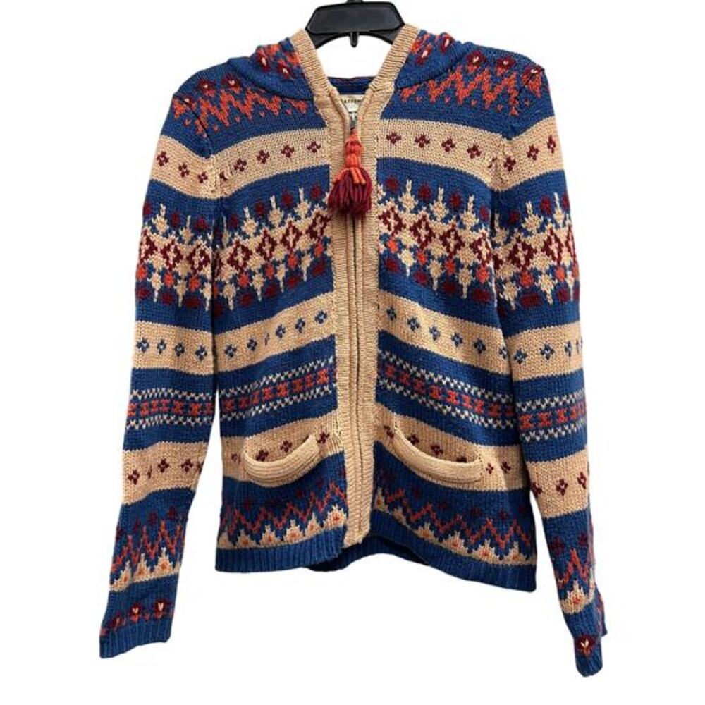 Anthropologie Sweater SPARROW Full Zip Front FAIRISLE HOODED Tassels Hoodie Sz M